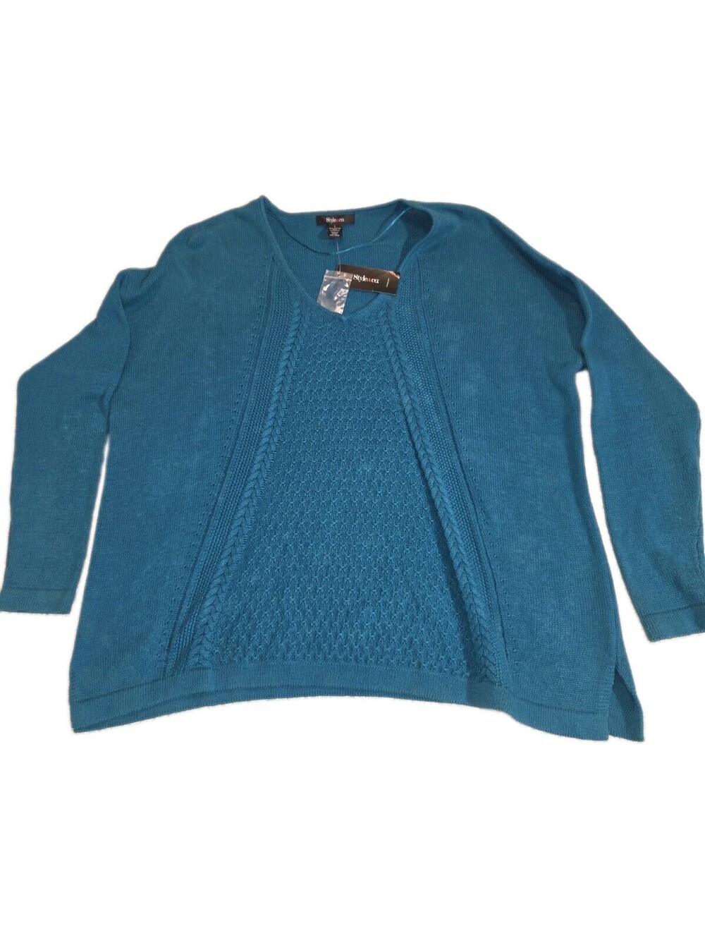 style co NWT Sweater L True Teal V Neck Cable Knit Cotton Blend Over Size Basic